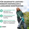 A woman is holding a leaf blower in an outdoor setting with trees and sky in the background. Text overlays describe product features. Produktbild-Vorschau
