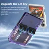 A handheld gaming console with a purple protective case, shown from the back with text highlighting its features. Produktbild-Vorschau