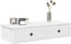 A white wooden shelf with two drawers and black knobs, decorated with a small vase of dried flowers and two small decorative items. Náhled obrázku produktu