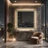 A modern bathroom with a large mirror reflecting a city skyline at night, a plant, and a chair. Anteprima dell’immagine prodotto