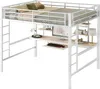A white metal loft bed with a desk and shelves underneath, set against a white background. Produktbild-Vorschau