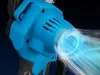 Close-up of a blue electric chainsaw motor with a glowing blue light emanating from the front. Produktbild-Vorschau