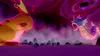 Two giant Pokemon, a yellow one resembling Pikachu and a blue one resembling Gyarados, are facing each other in a dark, mystical environment with swirling purple clouds and a black hole in the background. Small human figures are visible on the ground. Produktbild-Vorschau