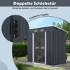 A garden shed with double sliding doors, shown outdoors in a garden setting. Produktbild-Vorschau