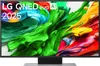 A television screen displaying a colorful abstract image with text overlays. Produktbild-Vorschau