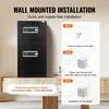 A black safe is shown next to an infographic illustrating how to mount it on a wall. Produktbild-Vorschau
