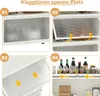 A collage of four images demonstrating the features of a kitchen storage unit, including its doors and storage capacity. Produktbild-Vorschau