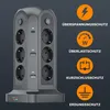 A multi-socket power strip tower with USB ports, shown with feature icons and text descriptions. Produktbild-Vorschau