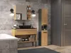A modern bathroom vanity with a black sink, wooden cabinet, and a tall storage unit. Náhľad obrázku produktu