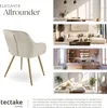 A collage showcasing a beige upholstered chair with gold legs, presented in various room settings like a dining room, living room, kitchen, and bedroom, along with descriptive text and a brand logo. Náhled obrázku produktu