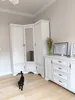 A black cat walks on a light wooden floor in front of a white corner wardrobe and a white dresser in a room with light gray walls. Náhľad obrázku produktu