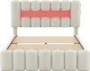 A cream-colored upholstered bed frame with a slatted base, featuring a headboard with a red LED light accent. Produktbild-Vorschau