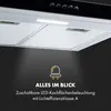 A close-up view of a range hood with its LED lights illuminated, set against a dark background. Text and an icon are overlaid to highlight a feature. Produktbild-Vorschau
