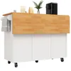 A white kitchen island with a wooden countertop and a towel hanging on the side. Voir les images du produit
