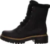 A side view of a black lace-up boot with faux fur lining. Voir les images du produit