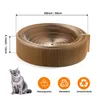 A round, corrugated cardboard cat scratching bed is shown on a white background, with a cat sitting to the side. Dimensions and feature icons are displayed. Produktbild-Vorschau