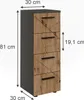 A tall, narrow cabinet with four drawers, shown with dimensions indicated by measurement lines and text. Voir les images du produit