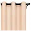 A close-up view of a beige curtain hanging from a black curtain rod. Produktbild-Vorschau