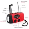A red and black emergency radio with various labels pointing to its features. Produktbild-Vorschau