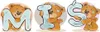 Three cartoon teddy bears holding large light blue letters that spell out "MIS". Podgląd zdjęcia produktu