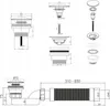Technical drawings and diagrams of a drain assembly with dimensions. Anteprima dell’immagine prodotto