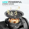 Close-up of a speaker driver with musical notes emanating from it, accompanied by marketing text. Produktbild-Vorschau