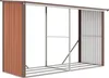 A partially assembled metal firewood rack with brown corrugated metal siding on the left and right ends. Náhled obrázku produktu