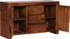 A wooden sideboard with two doors and three drawers, shown from the front with the left door and right door open. Produktbild-Vorschau