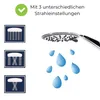 A shower head with water droplets falling from it, accompanied by icons illustrating different spray settings and text describing the product's features. Produktbild-Vorschau