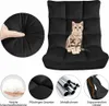 A black floor chair with a cat sitting on it, surrounded by close-up images of its features and material. Produktbild-Vorschau
