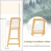 A side view of a wooden vanity table with a white top and drawers, next to a close-up of the adjustable height mechanism, with a misty forest background. Produktbild-Vorschau