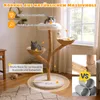 A cat tree with two cats, set in a living room with a window in the background. Includes marketing text and diagrams. Náhľad obrázku produktu
