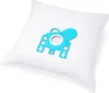 A white vacuum cleaner bag with a blue adapter piece is shown against a white background. Produktbild-Vorschau