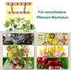 Collage showing plants and flowers before and after using a grow light, with a grow light fixture at the top. Náhľad obrázku produktu