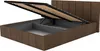 A brown upholstered bed frame with the mattress support system lifted to reveal the storage compartment underneath. Produktbild-Vorschau