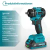 A teal and black cordless drill with a battery pack, shown next to a panel of product information. Produktbild-Vorschau