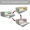 A diagram showing a sofa bed in three different configurations, with arrows indicating the transformation process. Produktbild-Vorschau