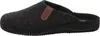 Side view of a dark gray felt slipper with a brown leather accent strap. Produktbild-Vorschau