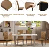 A dining room scene with chairs around a table, and close-up product feature callouts at the top. Produktbild-Vorschau
