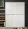 A large, white, eight-door wardrobe is shown in a room with a dark gray wall and wooden stairs. Voir les images du produit
