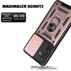 A rose gold and black phone case with a ring holder is shown at an angle, with a graphic overlay indicating 'MAXIMALER SCHUTZ' and 'DROP PROTECTION MIL STD 810G-516.6'. Produktbild-Vorschau