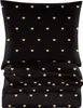 A folded duvet and pillow set with a black background and gold heart pattern. Produktbild-Vorschau