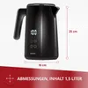 A black electric kettle is shown with dimensions and capacity indicated by overlaid graphics and text. Produktbild-Vorschau
