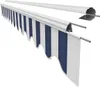 A close-up, studio shot of a striped awning fabric and its mounting hardware, presented against a white background. Produktbild-Vorschau
