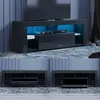 A modern, black, high-gloss TV stand with integrated blue LED lighting is shown from different angles.