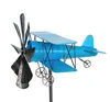 A blue biplane garden stake with a propeller and wheels, set against a white background. Produktbild-Vorschau