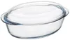 A clear glass oval casserole dish with a lid, isolated on a white background. Produktbild-Vorschau