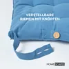 A close-up of a blue seat cushion, showing the adjustable straps with buttons. Náhled obrázku produktu