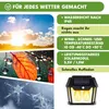 Collage of images showing different weather conditions and a solar light, with text describing its features. Produktbild-Vorschau