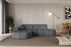 A modern living room with a sectional sofa, floor lamp, and artwork.
